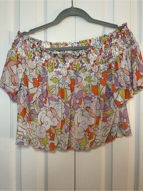 Free People Floral Off-Shoulder Crop Top - White, Orange & Lavender